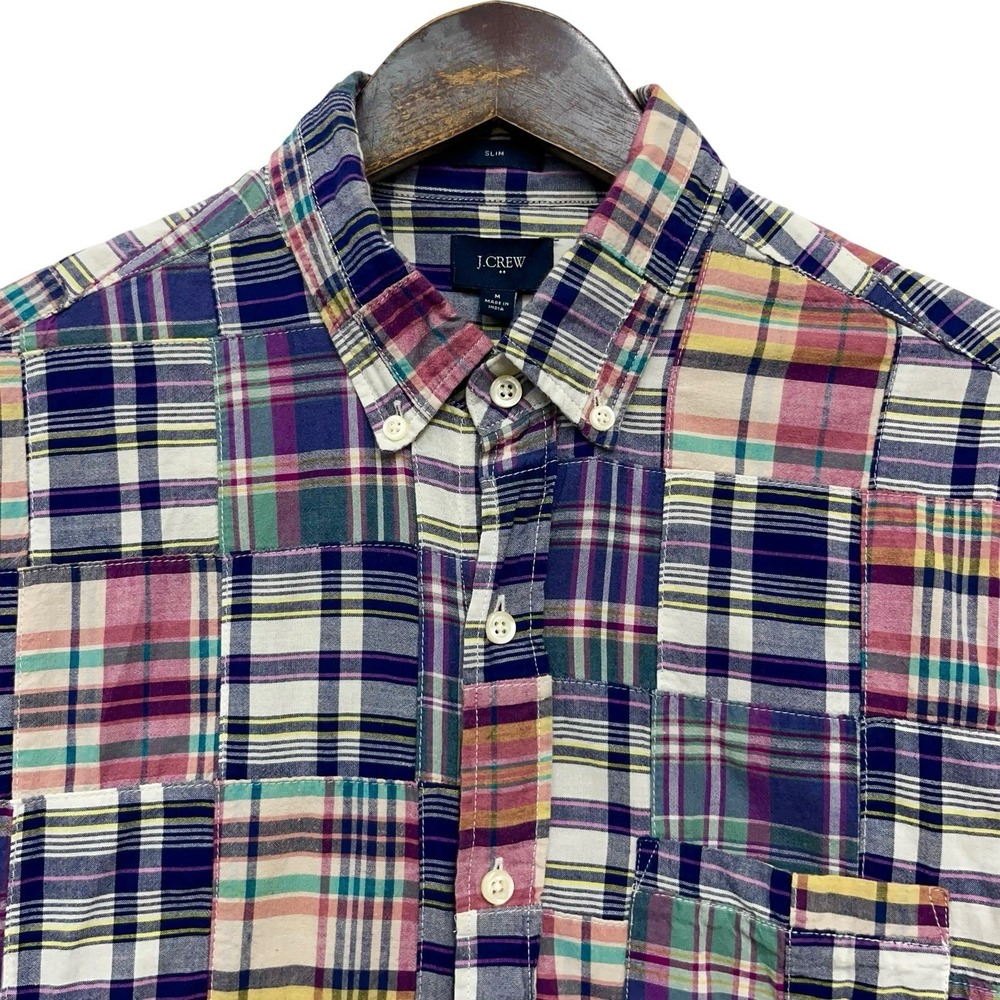 J. Crew Men's Sz M Slim Fit Multicolor Patchwork Plaid Button Down S/S Shirt euc